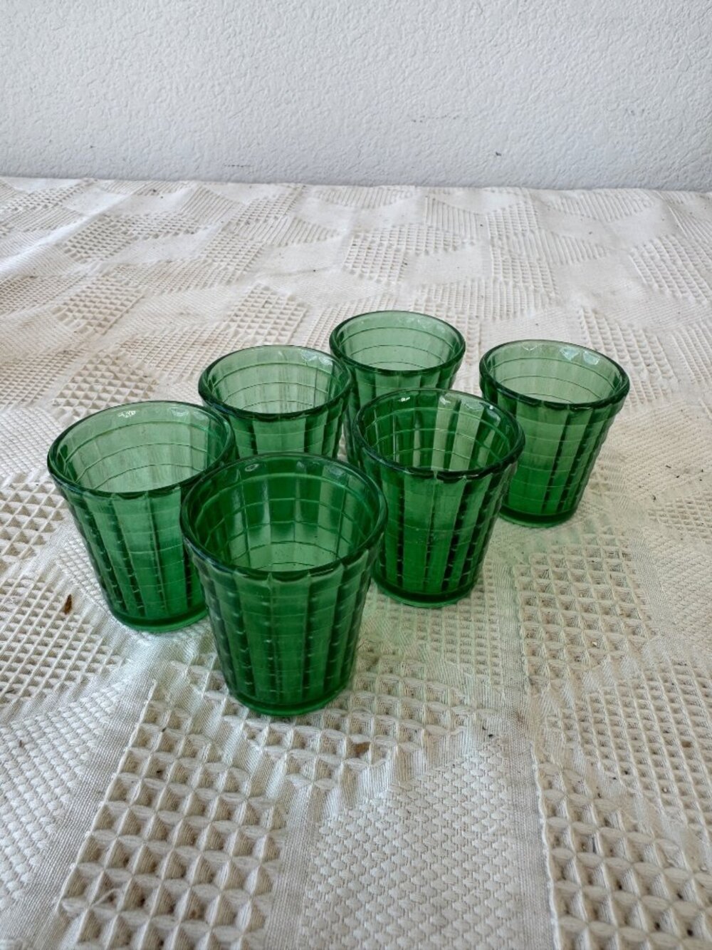 Akro Agate Miniature Tumbler Set of 6 Emerald Green Vintage 1930s Glassware